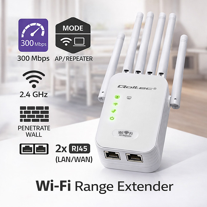 image-69ba8aa3ce585 Access Point WIFI Qoltec N300 | 6 Κεραιές | 2x RJ45 | - Image 1